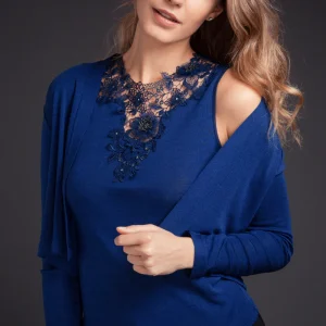 Smanicato da donna 216 in lana seta - Inserto di macramè e tulle con dettagli in oro anticato