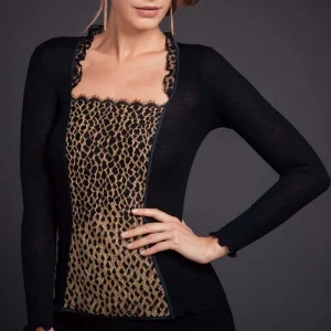 Bustier da donna 218 in lana seta e raso - Manica lunga e dettagli in pizzo effetto leopardato