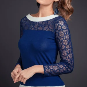 Maglia scollo barchetta da donna 244 in lana merino e seta - Collo e fondo in tela di camicia