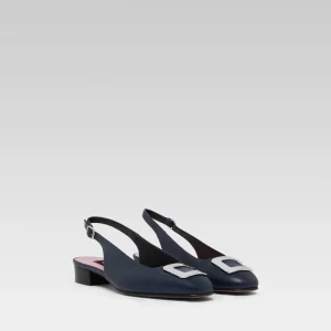 Coquelicot - Navy blue leather slingback with C jewel