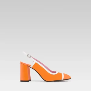 Alizee - Orange and white patent leather slingback pumps