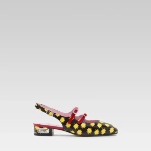 Star P - Black leather slingback Mary Janes with yellow stars