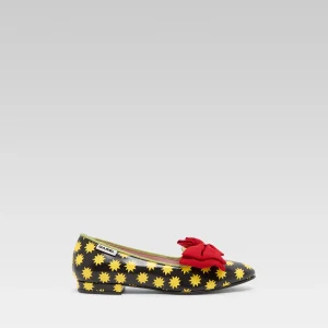 Star M - Black leather ballet flats with yellow stars and a red bow