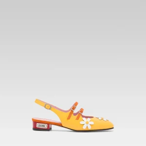 Daisy P - Yellow patent leather slingback Mary Janes with daisies