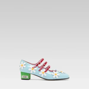 Daisy K - Light blue patent leather Mary Janes pumps with daisies