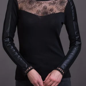 Maglia girocollo da donna 697 in lana seta - Carrè in pizzo e dettagli in eco-pelle