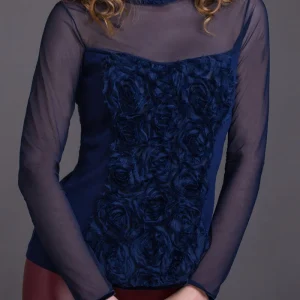 Maglia lupetto da donna 702 in lana seta - Davantino ricamato e maniche in tulle