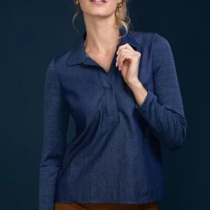 Polo da donna 814 in lana merino e seta - Manica lunga e davanti in Jersey di camicia