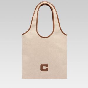 Alésia - Ecru fabric and camel leather bag