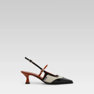 Cecile - Black and camel patent leather and beige leather slingback pumps