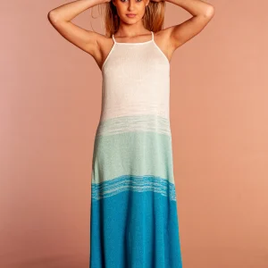 Ocean Dress Abito lungo Turchese Celeste e Bianco scollo all'americana