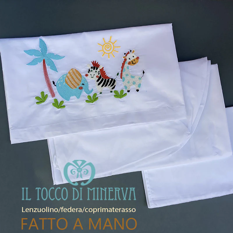Lenzuolo con Federa e coprimaterasso ricamo animali della giungla - Fatto a Mano - immagine 3