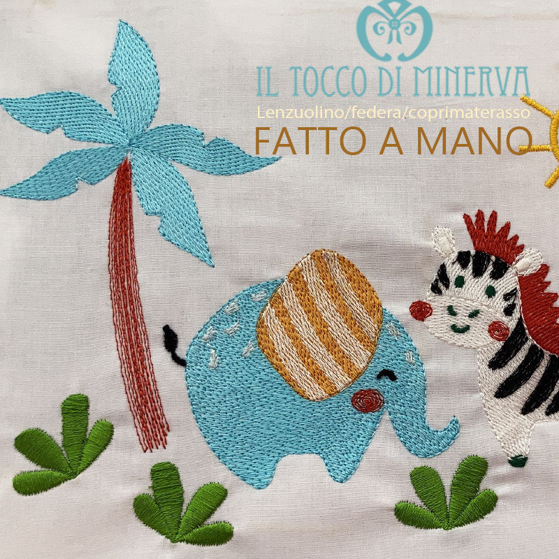 Lenzuolo con Federa e coprimaterasso ricamo animali della giungla - Fatto a Mano
