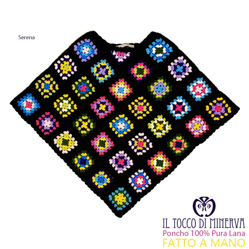 Poncho in pura lana uncinetto multicolore Serena - Fatto a Mano - immagine 2