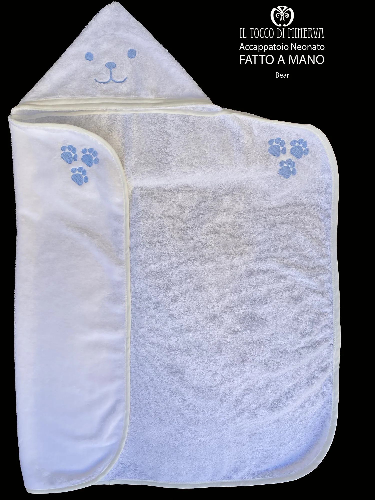 Accappatoio Bamboo bianco ricamo orsetto celeste - Fatto a Mano - immagine 3
