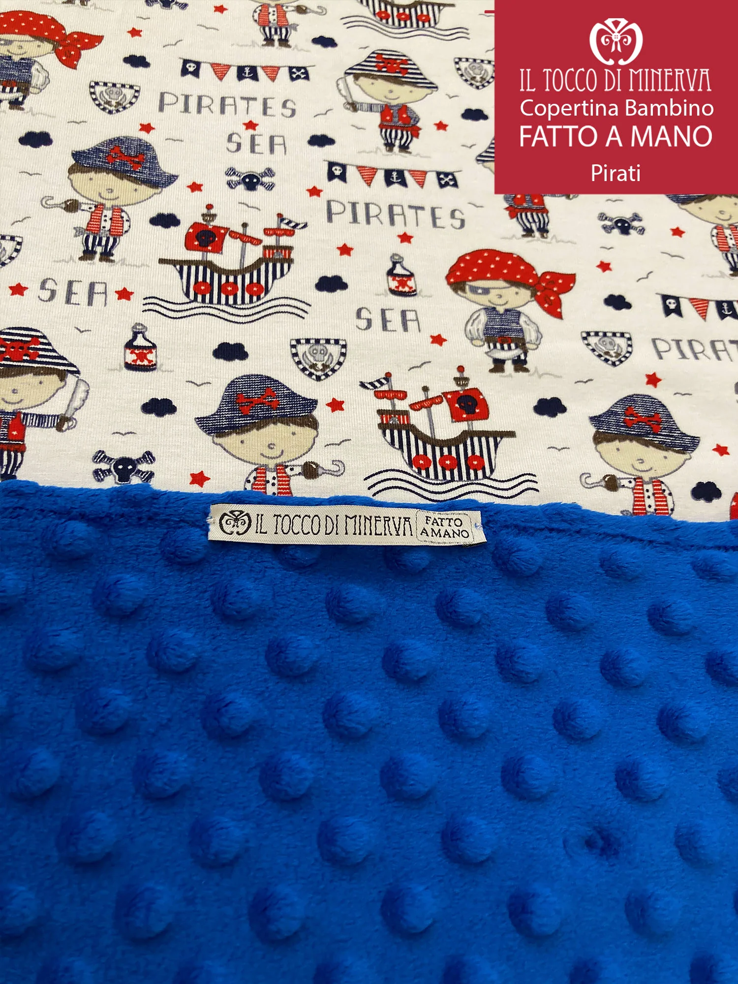 Copertina Neonato in Pile blu e Cotone Pirati - Fatto a Mano