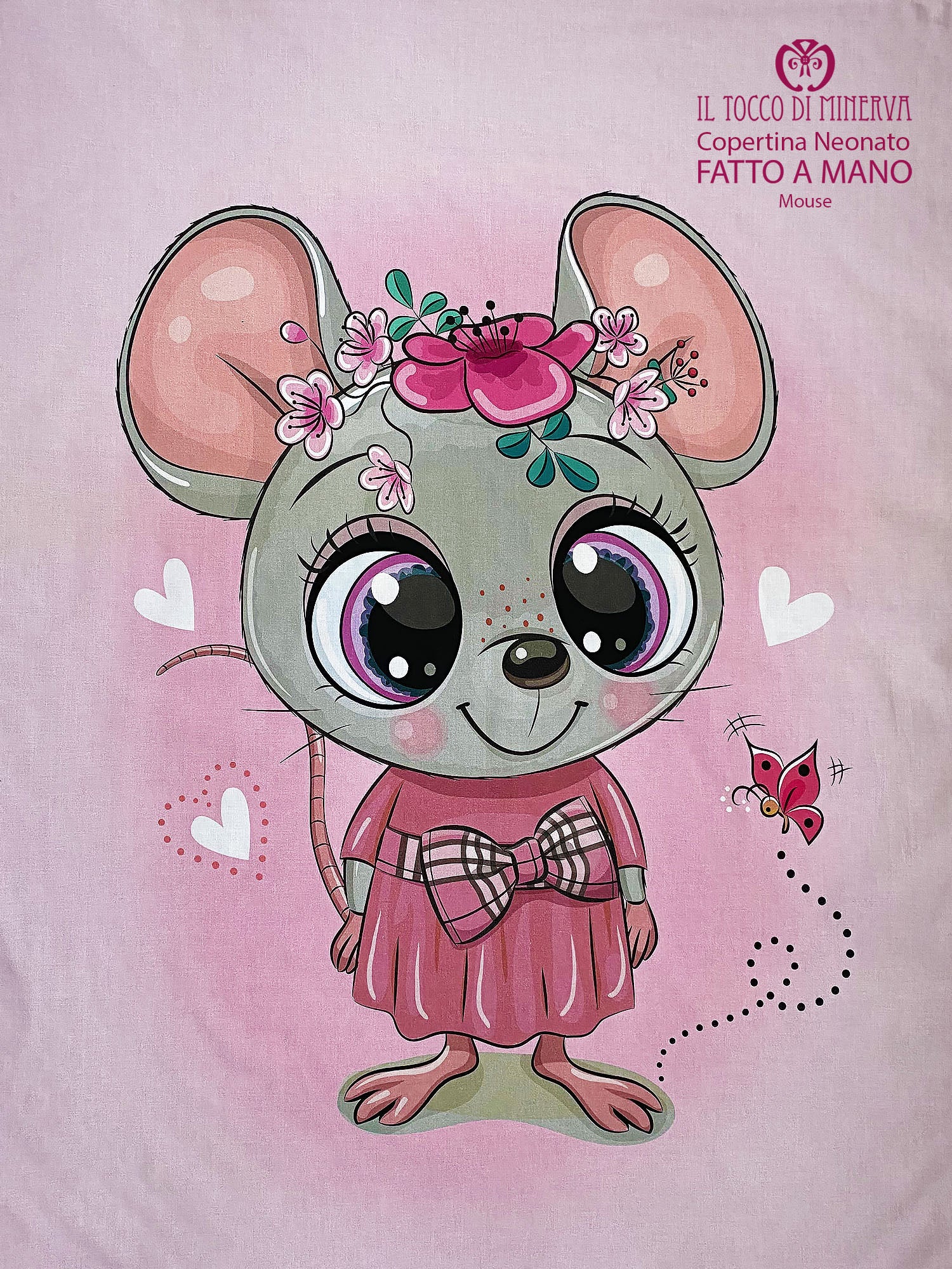 Copertina Neonato in Pile rosa antico e Cotone Topolina - Fatto a Mano - immagine 3