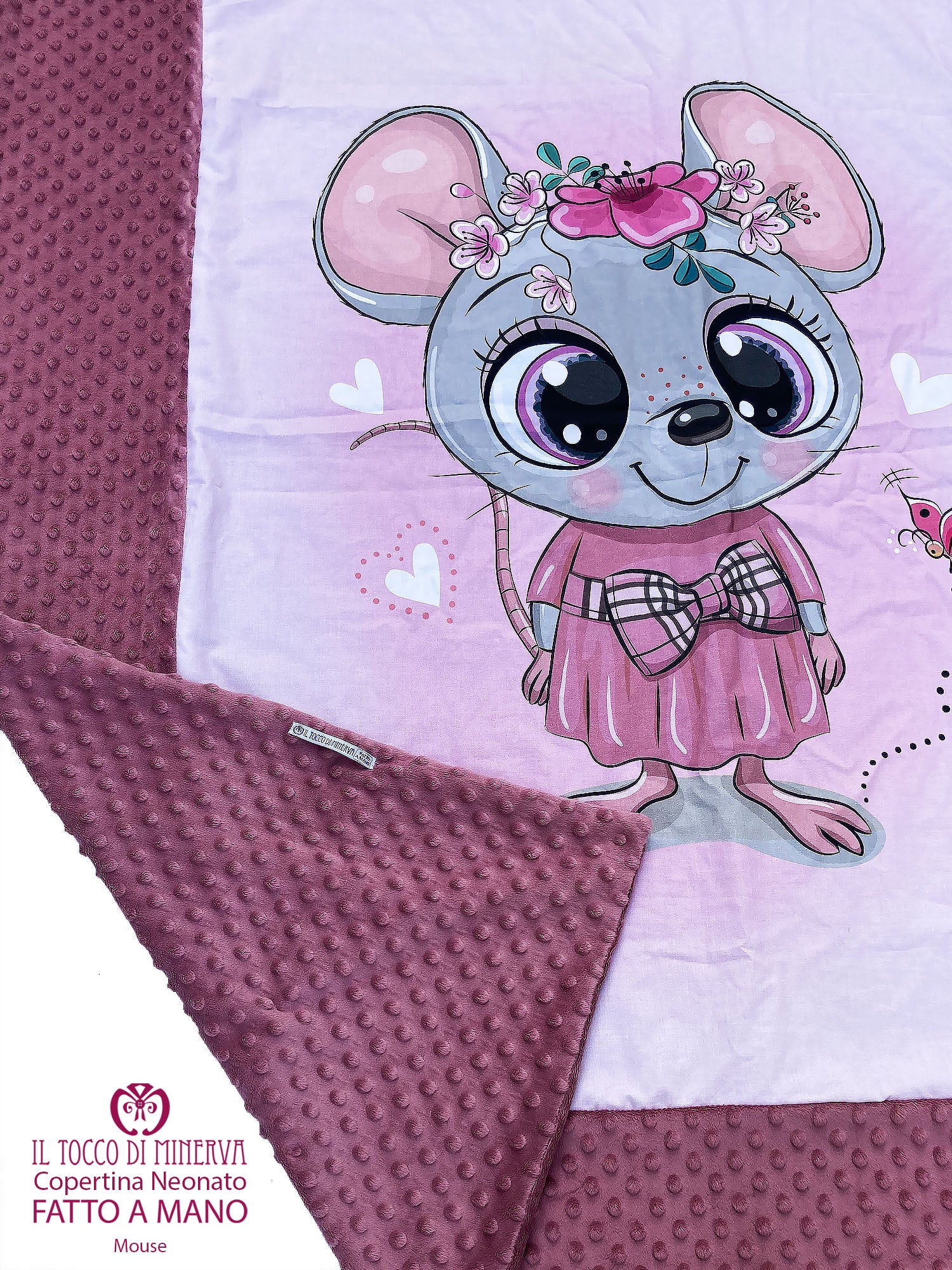 Copertina Neonato in Pile rosa antico e Cotone Topolina - Fatto a Mano - immagine 4