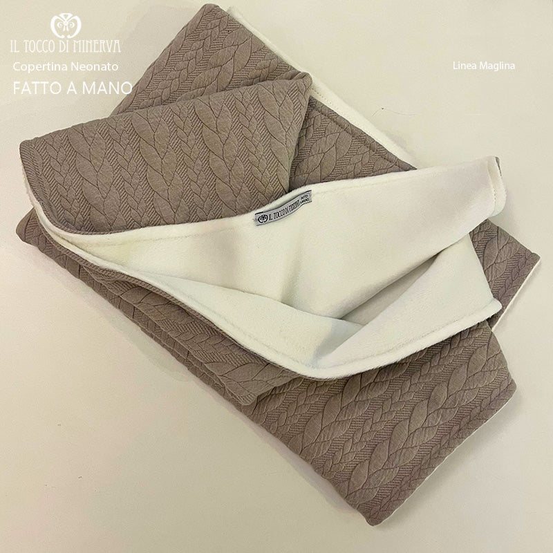 Copertina Neonato Linea Maglina in Pile bianco e maglia tortora - Fatto a Mano - immagine 4