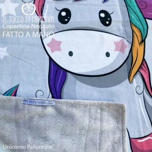 Copertina Unicorno con Palloncino in Pile stelle grigio e Cotone - Fatto a Mano