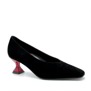 Décolleté in camoscio nero con tacco laccato rosso – Cod. 53506_1