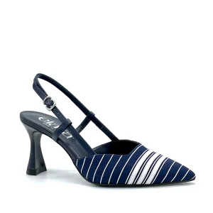 Slingback in tessuto a strisce bianche e blu e inserti in pelle bianca – Cod. 14144