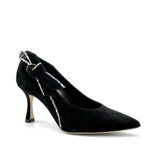 Décolleté in camoscio nero e inserti in tessuto stampato argento - Cod. 54504