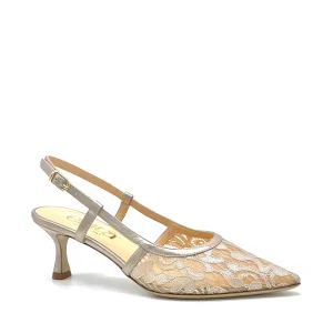 Slingback in rete di pizzo e pelle laminata color champagne – Cod. 16142_1