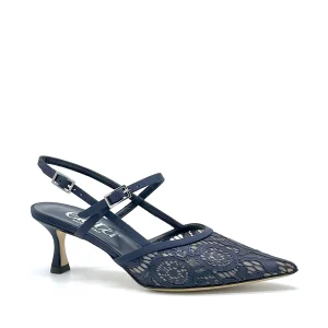 Slingback in rete di pizzo e inserti raso di seta blu  – Cod. 16141