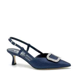 Slingback in tessuto piqué blu e fibbia gioiello – Cod.16139