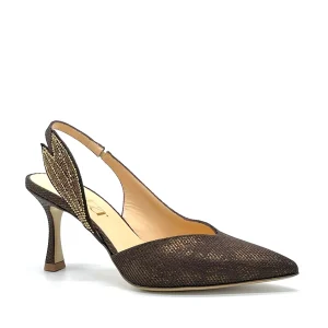 Slingback in tessuto laminato marrone e applicazione di strass – Cod. 16150