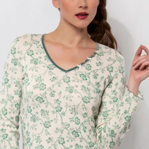 Maglia a manica lunga da donna Luisa in cotone - Disegno floreale e tessuto leggermente garzato