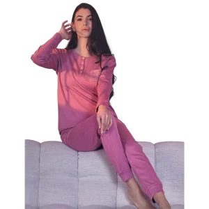 Pigiama Donna Lungo Caldo Cotone Scollo Serafino Con Polsini Oronero Art.OD482