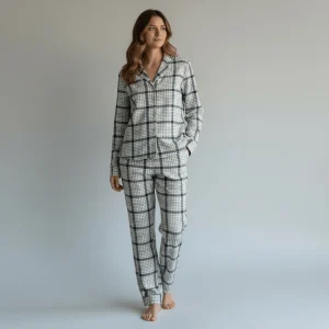 Pigiama Donna Lungo in Cotone Jersey Quadri Aperto Davanti Jadea Art.3274