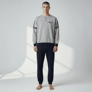 Pigiama Uomo Lungo in Cotone Felpato Serafino e Polsini Lotto Art.LP2138